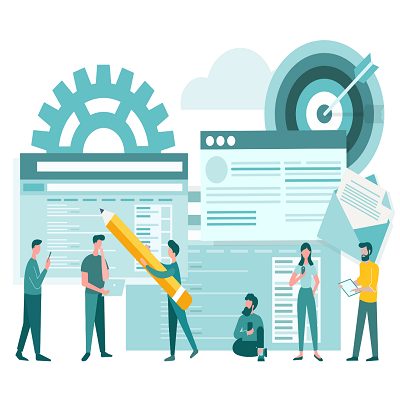 A cartoon image of multiple people working on a website.